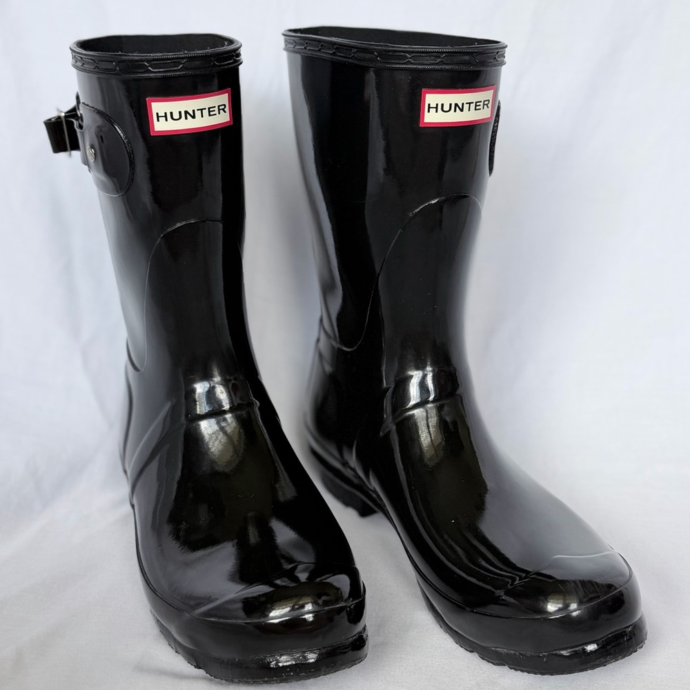 Hunter Black Gloss Mid-Calf Rain Boots with Logo